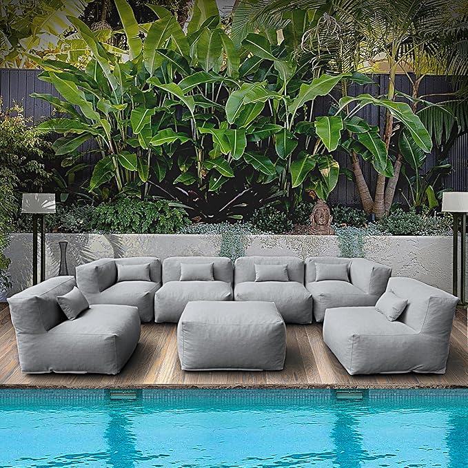 Patio Furniture Set Bean Bag 7 Pieces Outdoor Chairs Sectional Conversation Patio Set Daybed Furniture Outdoor Sofa Couch High Density Foam Filling Modern Comfy Patio Couch, Dark Gray