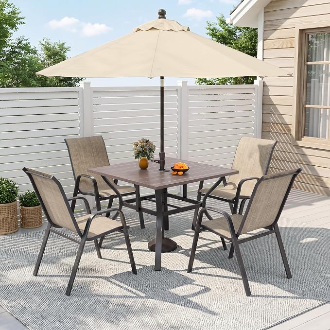 37.8'' Outdoor Dining Table for 4, Black Metal Patio Dining Table with 1.97'' Umbrella Hole,Anti-Rust Waterproof Square Table for Porch Deck Poolside Garden Backyard