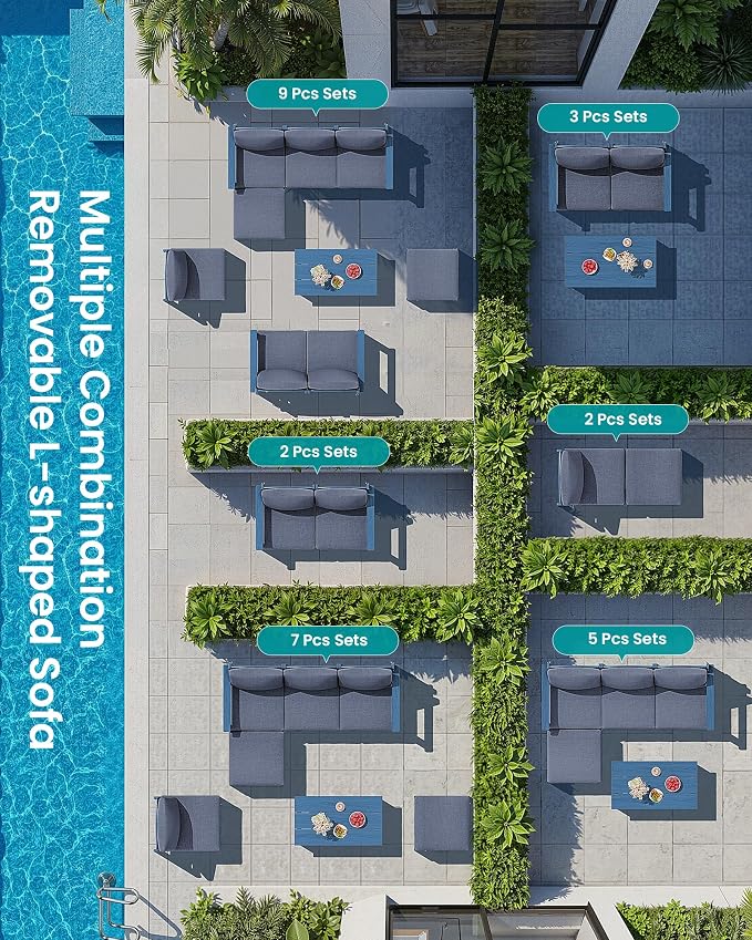 SERWALL HDPE Patio Sofa Set, 3 Pieces Conversation Set, All-Weather Outdoor Couch Sectional Sofas with Removable Cushions and Coffee Table for Deck, Garden, Poolside, Blue Frame with Grey Cushion