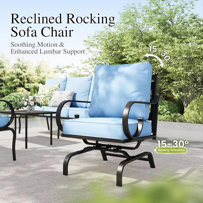 Sophia & William Patio Conversation Set for 4, 4 Rocking Chairs and a 28" Square Fire Pit Table, Metal Outdoor Furniture with 5.75" Extra Thick Cushions, Blue