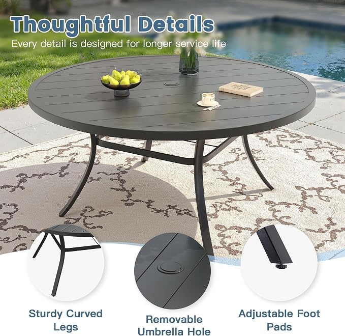 DIFY 9 Pieces Outdoor Dining Set for 8, 63" Black Round Metal Table with Umbrella Hole and Blue Textilene Swivel Patio Chairs, Patio Table and Chairs Set for Garden, Backyard, Poolside
