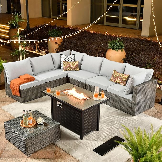 ovios Outdoor 8 Piece Patio Furniture Set with Fire Pit Table,Conversation Sectional Wicker Couch with Coffee Table,Modern Outside Sofa for Balcony Backyard, Grey