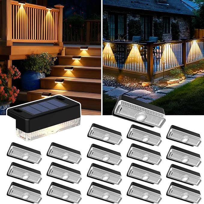 AUDERWIN Solar Deck Lights Outdoor 20 Packs, Solar Powered LED Step Lights Waterproof Outdoor for Deck, Stairs, Step, Fence, Wall, Patio, Yard, Pool and Pathway (Warm White)