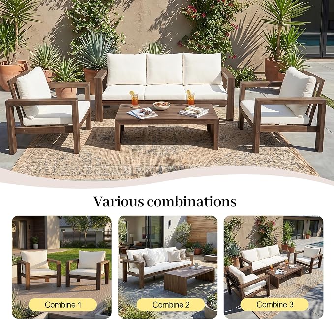 4 Pieces Patio Sofa Set Outdoor Seating Group 5-Person Sofa Set Outdoor Conversation Set with Cushions and a Coffee Table for Garden, Backyard,Balcony,Poolside (Mocha#50)