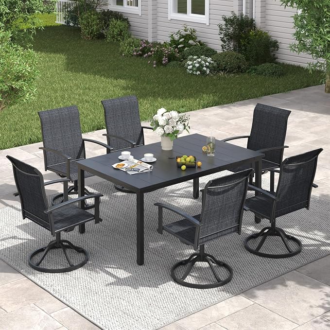 VICLLAX 63" Rectangle Outdoor Dining Table for 6, Patio Table with Umbrella Hole, All Weather Metal Patio Tables, Black Tabletop