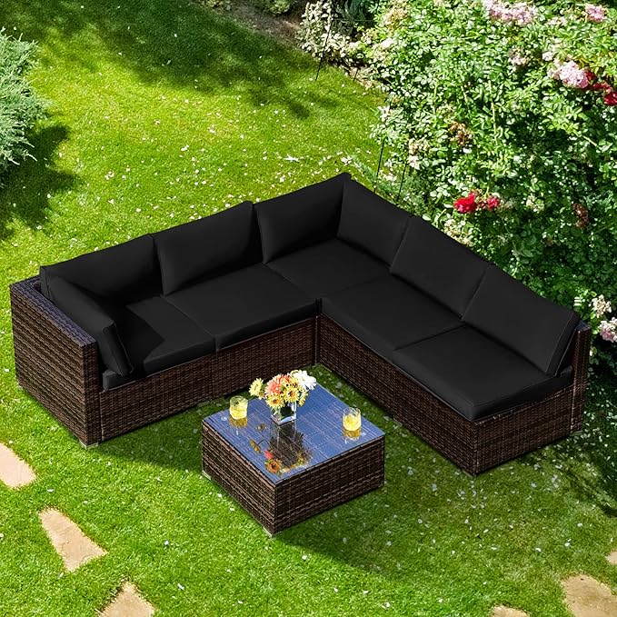 Tangkula 6 Pieces Patio Furniture Set, Outdoor Wicker Conversation Set with Glass Coffee Table, Wicker Sofa Set with Back & Seat Cushions, Rattan Sectional Conversation Couch Set for Backyard Garden