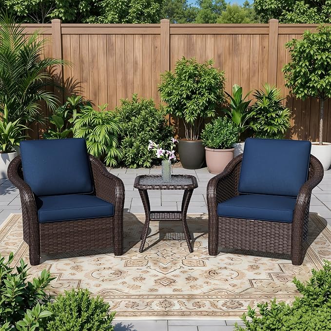 3 Piece Patio Wicker Bistro Set, 2 All-Weather Use Outdoor Wicker Chairs with PE Rattan Side Table,Ideal for Porch, Backyard, Balcony, Poolside, Blue