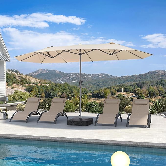 PURPLE LEAF 14ft Patio Umbrella Outdoor Double-Sided Umbrella with Base and Crank Rectangle Market Table Umbrella for Pool Deck Garden, Khaki