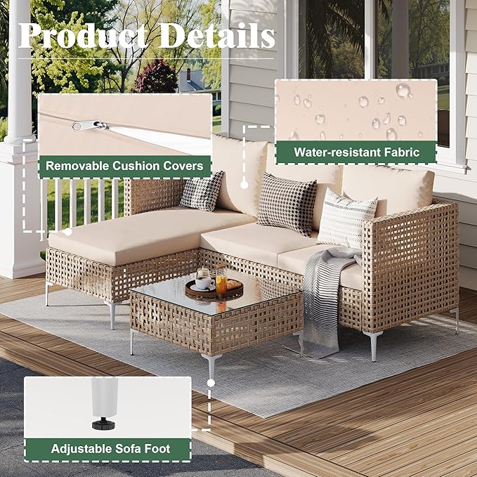 Patio Furniture Set, Small Outdoor Couch with Glass Coffee Table&Thick Cushion, Wicker L-Shaped Patio Couch, All-Weather PE Rattan Conversation Set for Garden, Poolside(3pcs Yellow&Beige)