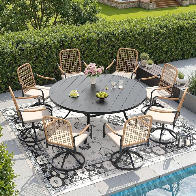 DIFY 9 Pieces Outdoor Dining Set for 8, 60" Round Dining Table with Umbrella Hole & Wicker Swivel Patio Chairs with Cushions, Metal Patio Table and Chairs Set for Backyard Porch Garden, Black