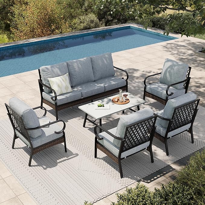 HERA'S HOUSE 6 Piece Metal Patio Furniture Set, All Weather Outdoor Conversation Set with 3-Seat Sofa, 4 Fixed Chairs & Coffee Table, 7 Seats for Backyard, Garden, Deck, Grey