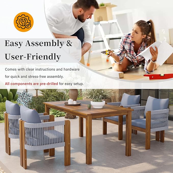 VilroCaz Luxury 5-Piece Patio Dining Set for 4, Acacia Wood Dinning Set with 4 Rope Woven Chairs and Cushions, All-Weather Outdoor Conversation Set for Garden Backyard Balcony (Brown+Gray)