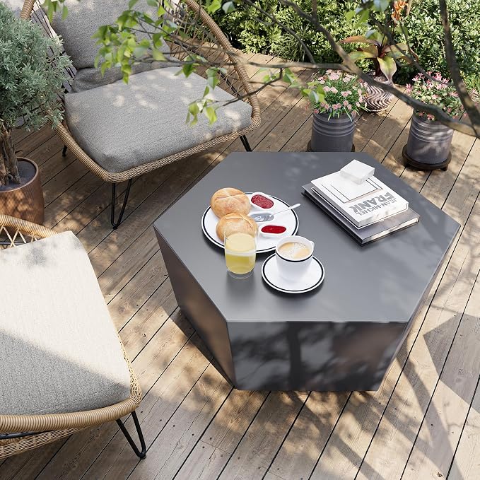 UPHA 35" Hexagon Outdoor Coffee Table, Modern Hollow Concrete Patio Table, Small Minimalist Low Accent Table for Living Room, Balcony, Deck, Backyard, Dark Gray