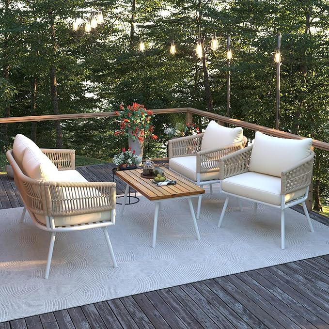 GOWE 4-Piece Boho Rope Patio Furniture Set, Outdoor Furniture with Acacia Wood Table, Patio Conversation Set with Deep Seating & Thick Cushion for Backyard Porch Balcony, Beige