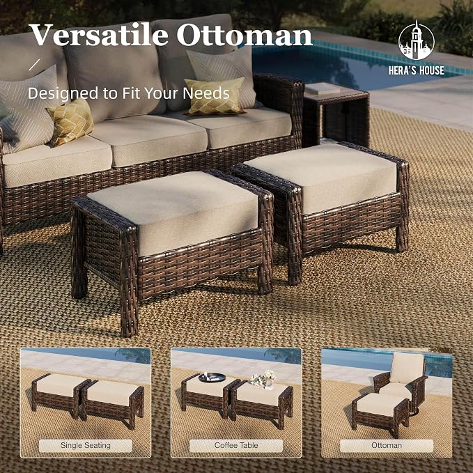 HERA'S HOUSE 5-Piece Patio Furniture Set, Outdoor High Back Swivel Chairs Set with Ottomans, Brown Wicker Conversation Set with 5.5” Thick Cushion for Deck Porch Garden Lawn, Beige