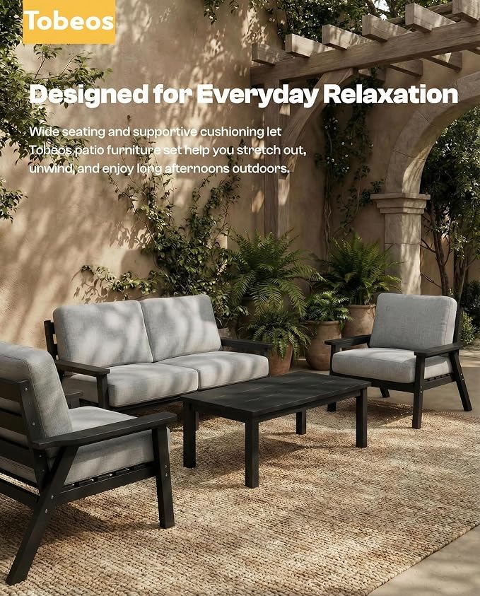HDPE 5 Piece Patio Furniture Set, Outdoor Couch with Washable Thick Gray Cushions & Coffee Table, Outdoor Sectional Furniture for Backyard, Deck, Lawn, Porch (Black Frame)