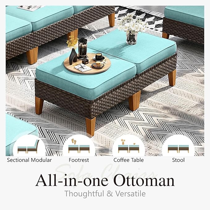 Sophia & William 7 Piece Patio Furniture Sets, Sectional Outdoor Rattan Wicker Sofa, All Weather Patio Conversation Set for Deck Backyard Lawn, Outdoor Couch, Blue
