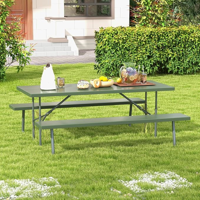 Giantex Folding Picnic Table - 6 FT Outdoor Table Bench Set for 8 Persons w/All-Weather HDPE Tabletop, Metal Leg, Umbrella Hole, Large Outside Dining Table for Patio Garden Yard Poolside (Green)