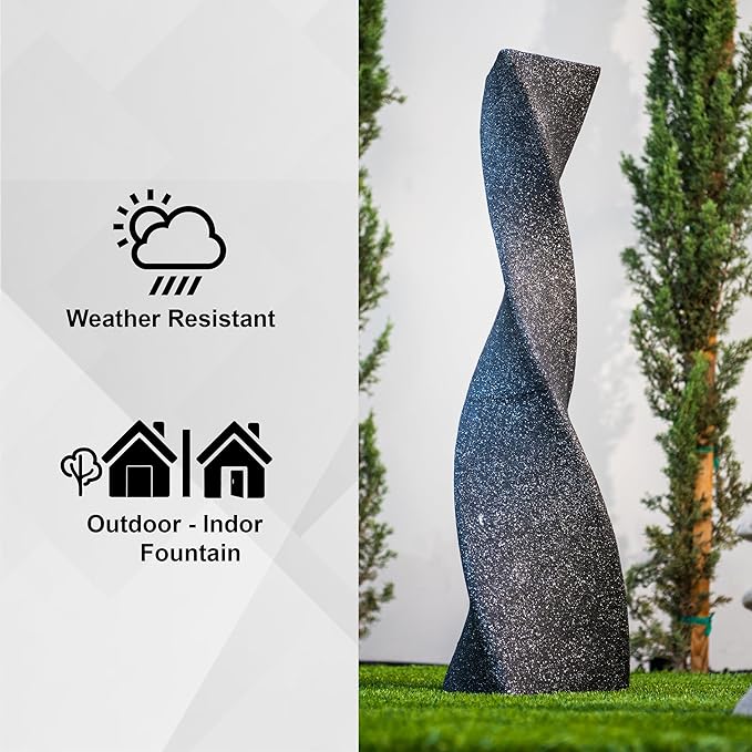 XBrand 39 in. H Freestanding Resin Fiberglass Sculptural Modern Twisted Pilar Outdoor Garden Fountain w/LED Light, Black