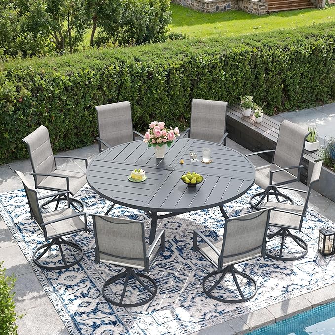 DIFY 9 Piece Outdoor Dining Set, Metal Patio Table and Chairs Set, 59.8" Round Dining Table & 8 Padded Textilene Swivel Patio Chairs, Outdoor Furniture Set for Garden Backyard Porch, Grey