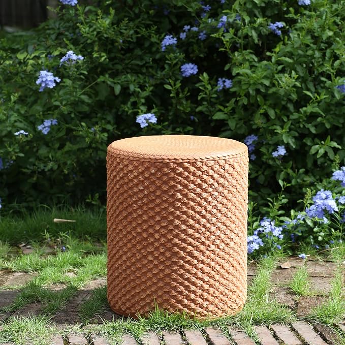 Outdoor Patio Round MGO Side Table, Weather-Resistant Synthetic Rattan Woven Brown Accent Table for Garden, Living Room, Boho Coastal Decor,Brown
