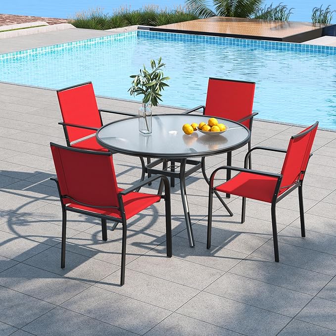 Anmutig 5-Piece Outdoor Patio Dining Set, 40-Inch Round Glass Table with 4 Stackable Chairs, Cherry Red
