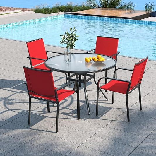 Anmutig 5-Piece Outdoor Patio Dining Set, 40-Inch Round Glass Table with 4 Stackable Chairs, Cherry Red