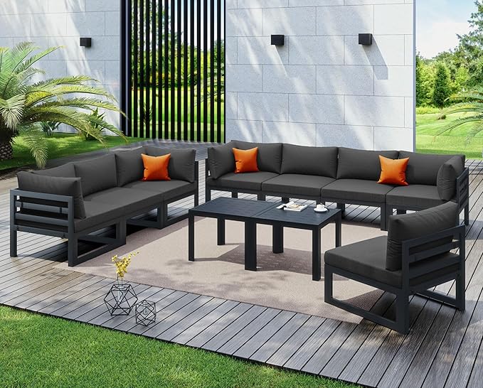 NICESOUL Aluminum Patio Furniture Set 8 Seat, 29" Deep Seating, Modern L Shaped Modular Outdoor Sectional Sofa with Coffee Table, Oversized Comfortable Conversation Set for Backyard Garden, Dark Gray