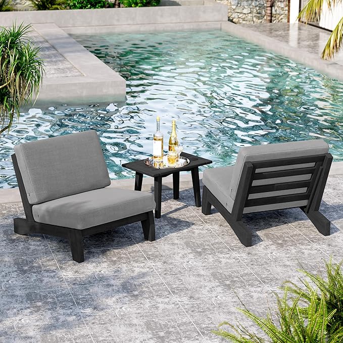 UIXE Black Wood Patio Furniture Sets, 4 Pieces All Weather Outdoor Sectional Futniture Patio Sofa Chair Backyard Conversation Set with Solid Wooden Coffee Table - Light Gray
