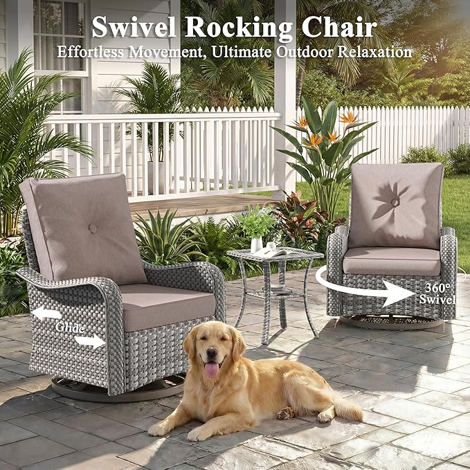 10 Piece Wicker Patio Furniture Set with 55,000 BTU Fire Pit Table, Swivel Rocking Chairs, 4''Cushions, PE Rattan, Wind Guard Glass, for Backyard, Deck or Balcony, Beige