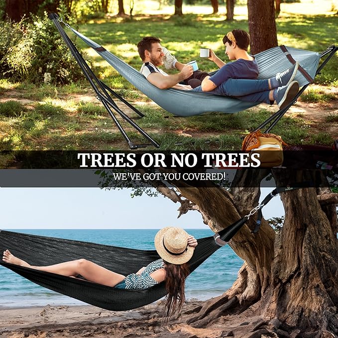 Tranquillo Combo x2 Hammocks with Stand for Outside & Tree Straps, Heavy Duty Hammock with Stand 600lbs for Indoor Outdoor Patio Backyard, x2 Hammocks for 2 Person (Combo - Grey, Medium)