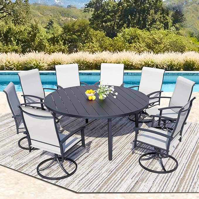 9 Piece Outdoor Patio Dining Set for 8, 60" Black Round Metal Table with 8 Oyster Beige Swivel Chairs, All-Weather Outdoor Furniture Set for Backyard, Lawn, Deck, or Poolside