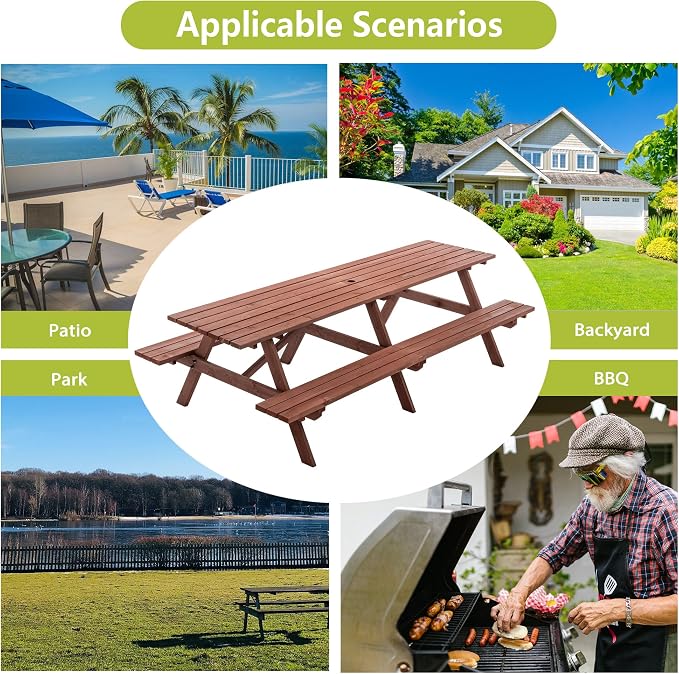 12-Person Picnic Table Set, 95-Inch Extra Large Outdoor Wooden Table with Benches & Umbrella Hole, Rustic Brown Patio Furniture for Garden, Backyard (Brown, 94.5")