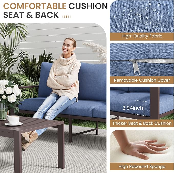 Aluminum Patio Conversation Set All-Weather Outdoor Furniture 5-Piece Sectional Sofa with 4" Cushions, Modular Patio Set for Porch Poolside Deck Yard