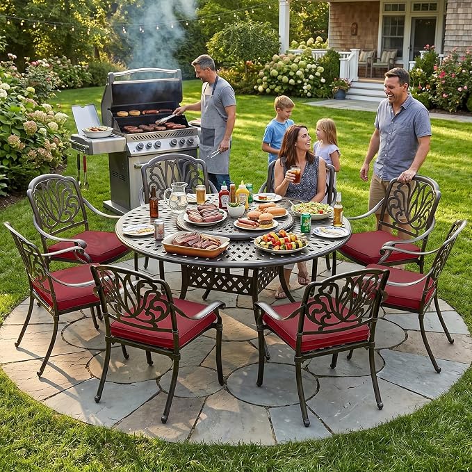 MEETWARM 9-Piece Outdoor Furniture Dining Set, All Weather Cast Aluminum Patio Garden Set- 8 Cushioned Chairs, 61" Round Patio Dining Table with Detachable Lazy Susan, 2" Umbrella Hole, Chili Red