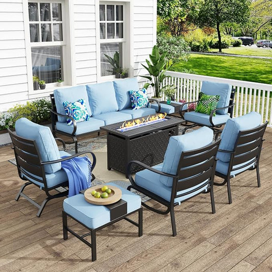 MFSTUDIO 8 Pieces Patio Furniture Sets with 45" Gas Fire Pit Table(Up to 9 Seat),Outdoor Metal Conversation Sofas with 1 x 3-Seat Sofa, 2 Single Chairs,2 Rocking Chairs and 2 Ottoman,Blue Cushion