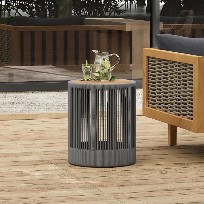 Outdoor Rattan Rope & Acacia Wood Side Table - Patio Balcony Furniture for Garden, Yard, Balcony - Weather Resistant(Rope Grey, Natural Iron)