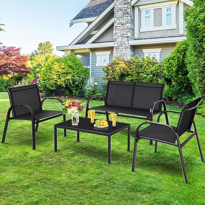 DORTALA 4 Piece Outdoor Furniture Set, Patio Conversation Set with Loveseat, 2 Single Chairs, Patio Sofa Garden Sofa Set with Steel Frame, Ideal for Balcony,Poolside, Black