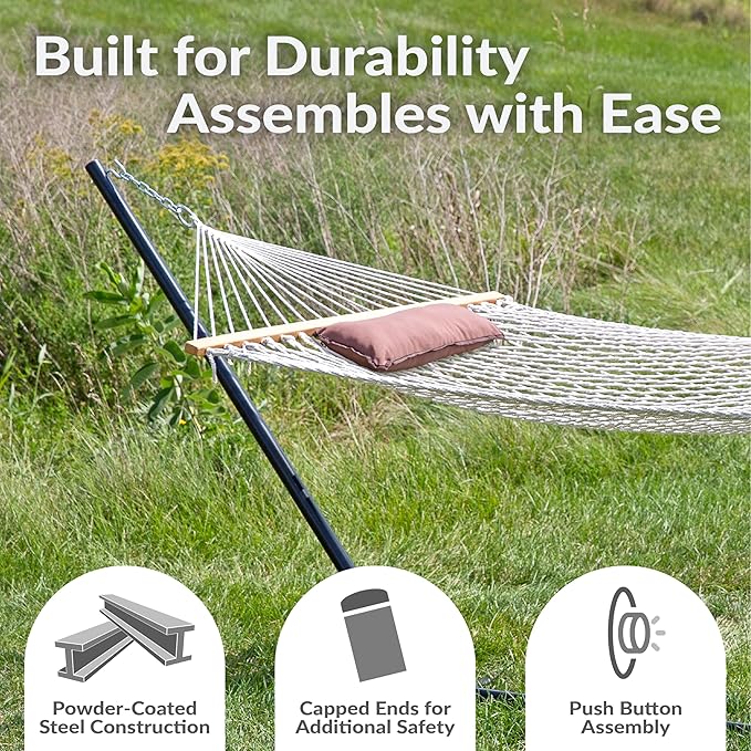 Sunnydaze Rope Hammock with Stand for Outside- 275-Pound Capacity - Includes 12-Foot Hammock Stand, Spreader Bar, Pad, and Pillow - Desert Stripe