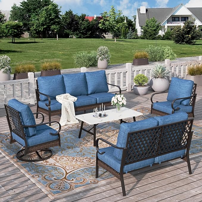 HERA'S HOUSE 5 Piece Metal Patio Furniture Set, 7 Seats All Weather Outdoor Conversation Set, 3 Seat Sofa with Loveseat, 2 Swivel Chairs, Coffee Table for Backyard, Garden, Deck, Pacific Blue