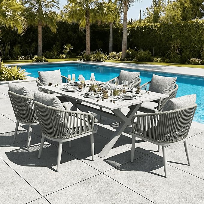 LayinSun 7 Pieces Outdoor Patio Dining Set, Aluminium Rectangular Dining Table and Wicker Rattan Chairs Set for Outside Backyard, Poolside