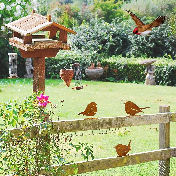 3PCS Rusty Birds Decor, Metal Birds Yard Decor,Rusty Garden Decor | Cute Metal Birds Garden Ornaments Silhouette- Garden Sculptures and Yard Art, Rustic Birds Decoration Outdoor Patio Yard