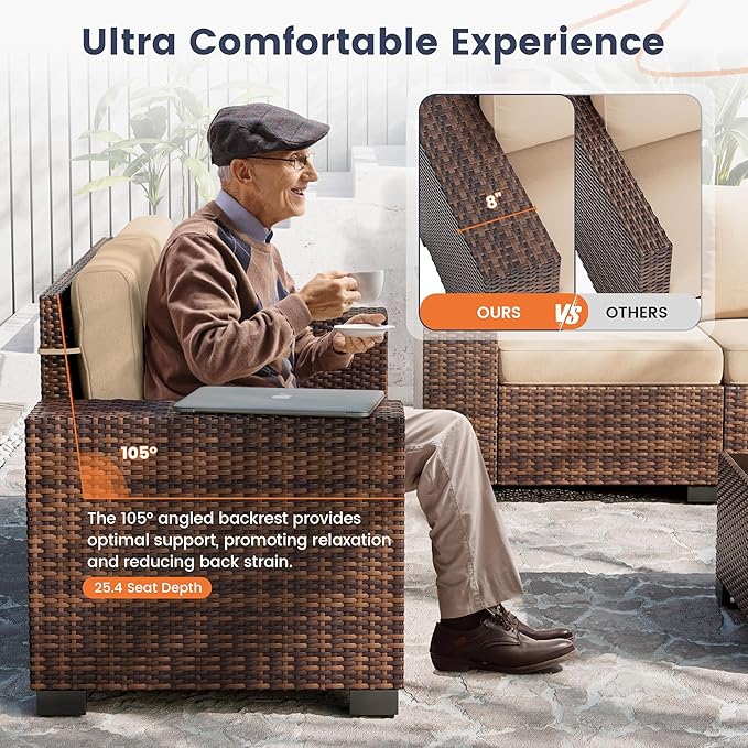 UDPATIO Patio Furniture Set, 8 Inch Armrest Patio Sectional Furniture, 6 Piece Wicker Outdoor Sectional Conversation Sets with Waterproof Cover and Coffee Table for Backyard Deck(Brown/Khaki)
