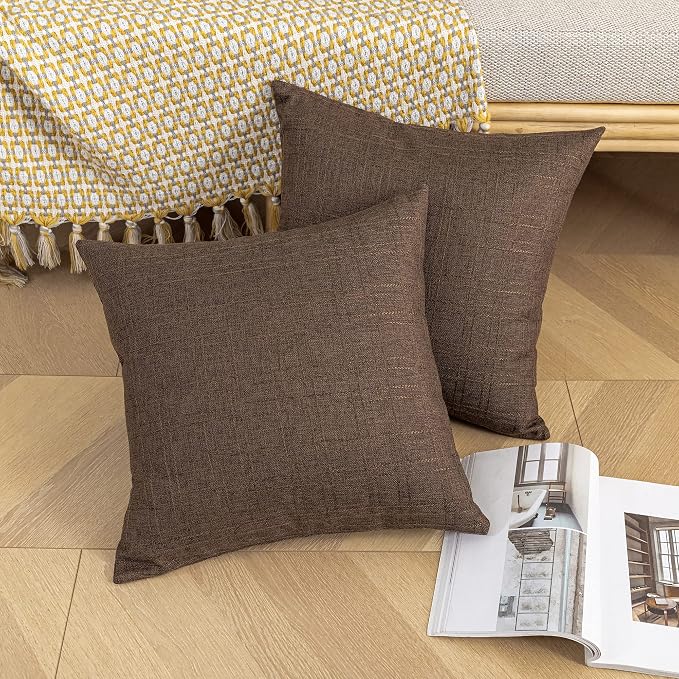 Kevin Textile Outdoor Waterproof 24”x24” Pillow Covers 2 Pack, Brown | Water Resistant, Soft Faux Linen-cotton Yarn-dyed Woven Texture Throw Pillow Covers for Tent Patio Garden Couch Sofa
