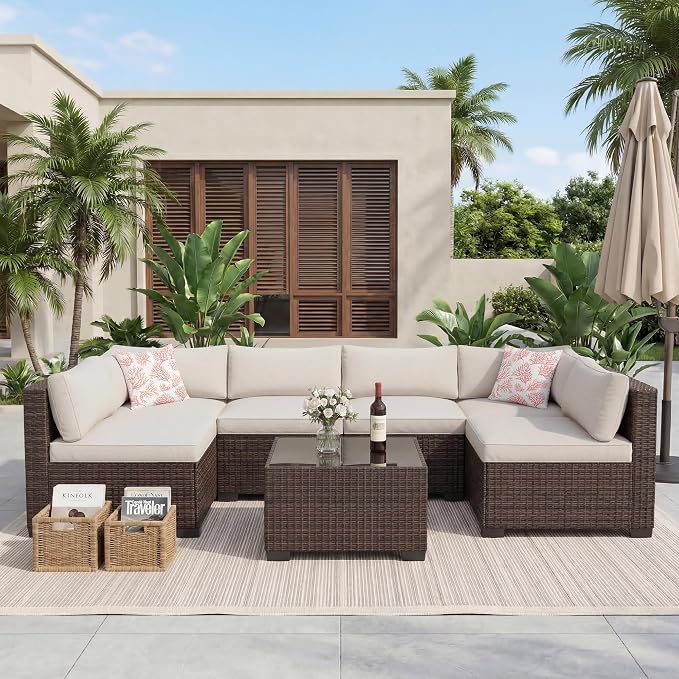 7-Piece All-Weather Outdoor Sectional Sofa Set, Waterproof Wicker Patio Furniture with Removable Cushions, Modern Gray Conversation Set for Poolside, Garden, and Backyard, Brown Vine+Beige Cushion