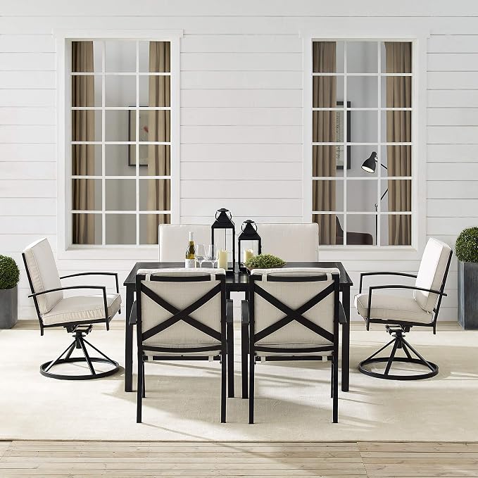 Crosley Furniture Kaplan 7-Piece Outdoor Dining Set for 6, Patio Table and Chairs for Backyard, Deck, Oiled Bronze with Oatmeal Cushions