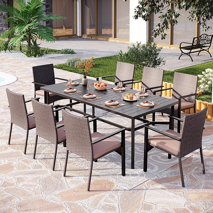 PHI VILLA 9 Pieces Outdoor Dining Set for 8, 83" Long Rectangle Wrought Iron Table with Umbrella Hole & Cushioned Wicker Chairs, Large Furniture for Patio, Deck, Backyard, Porch