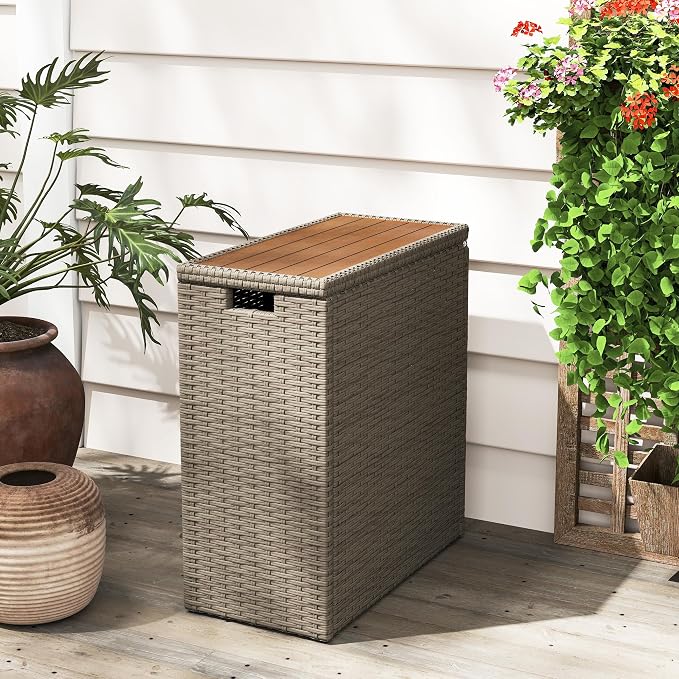 Deck Storage Box, Teak 17-Gallon Wicker Outdoor Storage Bin with Acacia Wood Top, Patio Storage Chest for Cushions Garden Tools Backyard Porch Deck