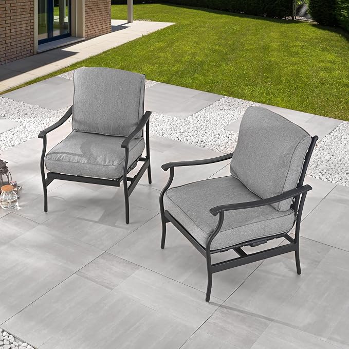 LOKATSE Home C-Spring Patio Chairs Set of 2, Outdoor Metal Motion Conversation Chairs with Gentle Bounce, 5.1" Extra Thick Blue Cushions Deep Seating Furniture for Deck & Porch