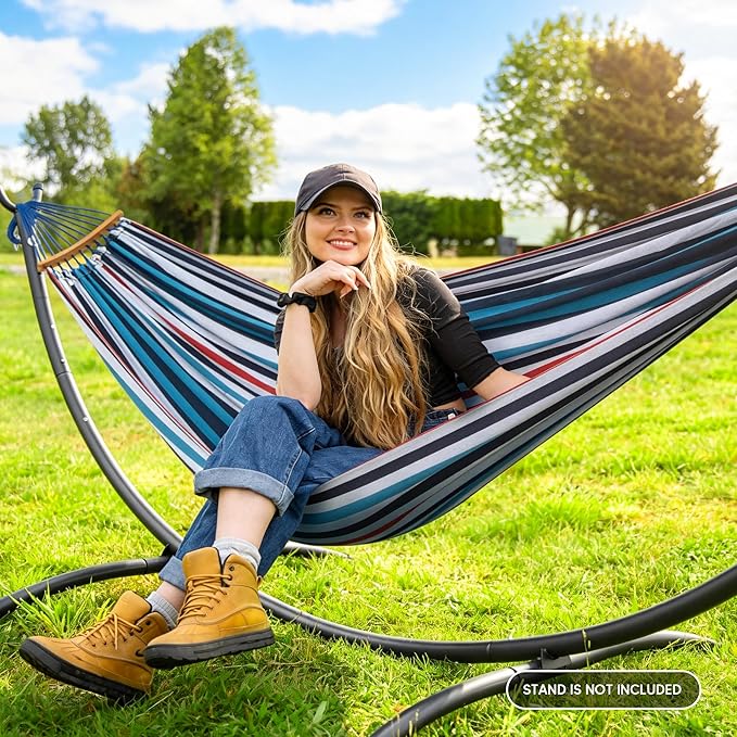 SUNCREAT Hammocks Outdoor Camping Double Hammock with Spreader Bar, Carrying Bag, Heavy Duty Travel Hammock, Blue & Red